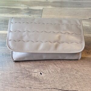 Vintage TJW for Mervyn's Taupe Genuine Leather Clutch Bag Wavy Embroidery Snap